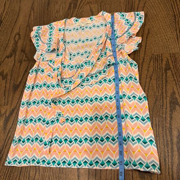 Paloma Blue Sophia Blouse Top Geometric Flutter Sleeve Tie V Neck Size Small - Picture 9 of 9